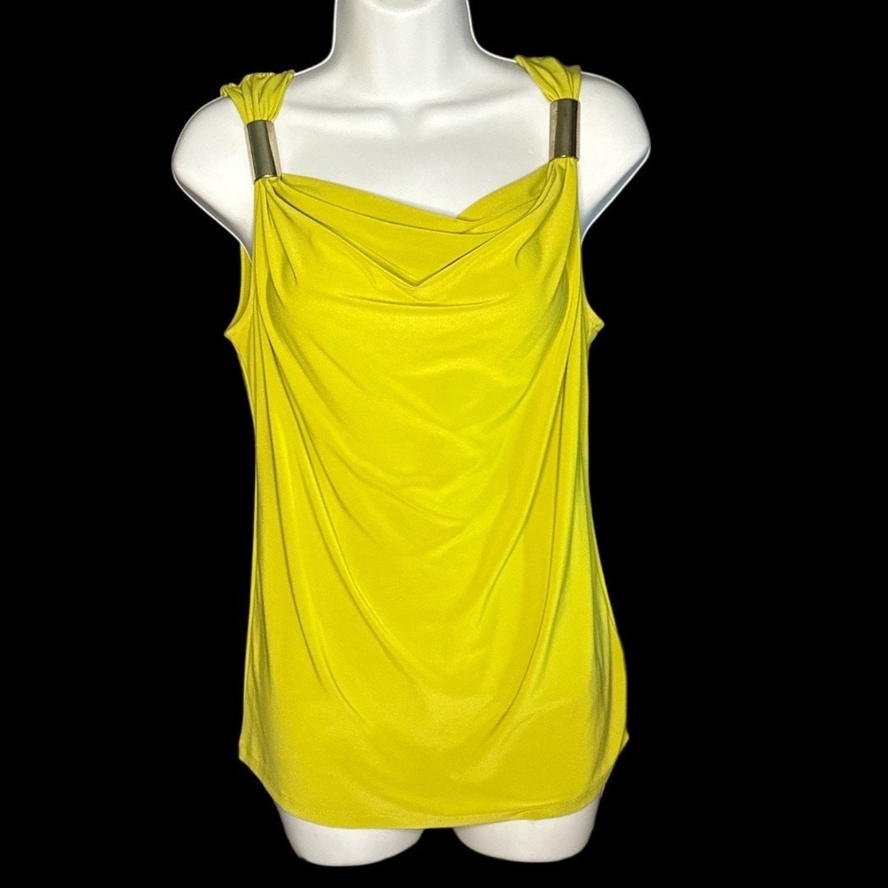 Chaus Women's Chartreuse Sleeveless Blouse Draped Neck Gold Shoulder Detail Sz S